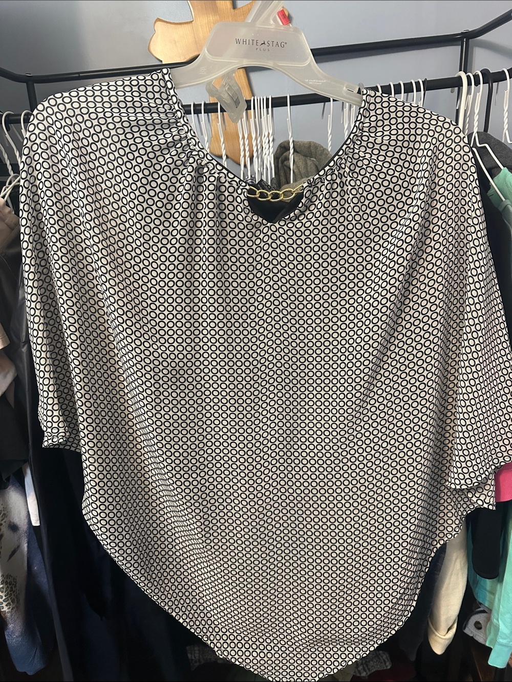 Robert Louis Black & White Geo Chain-Neck Blouse